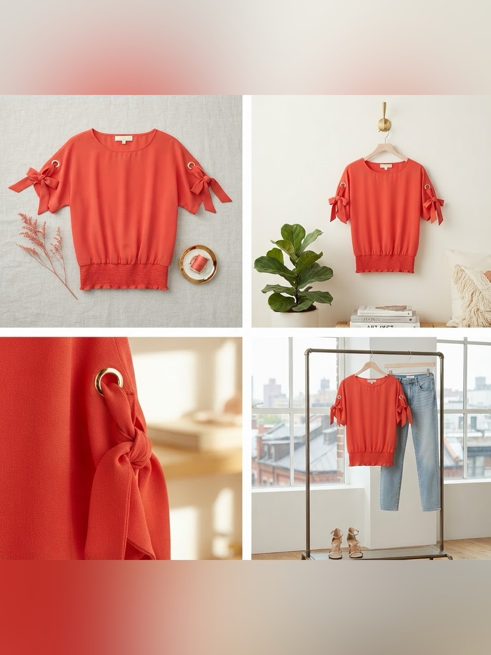 MICHAEL Michael Kors Orange Smocked Waist Top Gold Grommet Tie Sleeve Size XS